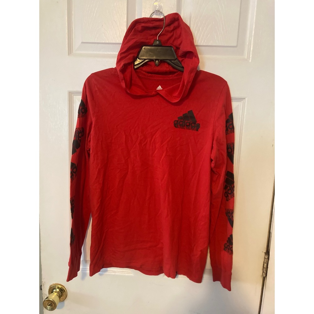 Adidas Boys Red Long Sleeve Hooded Graphic T-Shirt XL 18/20 Logo Hoodie Tee‎